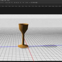 Widok 3D w programie Photoshop. Co to jest? Widoczny kielich na siatce, z panelami właściwości i warstw.