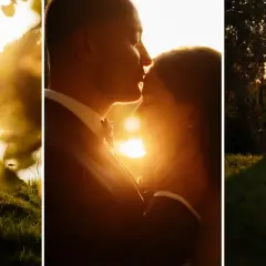 Romantyczne ujęcia pary młodej w złotym świetle zachodzącego słońca. Zastanawiasz się, ile kosztuje fotograf na wesele, by uchwycić takie chwile?