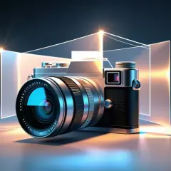 Elegancki aparat fotograficzny, który pokazuje, jak działa aparat, z soczewką odbijającą światło i geometrycznymi elementami.