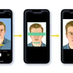 Trzy telefony pokazujące proces robienia zdjęcia do dowodu: od kadrowania po finalny portret.