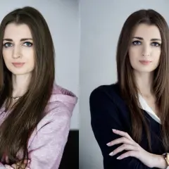 Dwie wersje portretu kobiety, pokazujące, jak zrobić zdjęcie do CV telefonem. Uśmiechnięta w bluzie i poważna w swetrze.