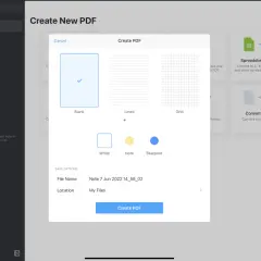 Ekran tworzenia nowego PDF z opcjami wyboru szablonu i nazwy pliku.