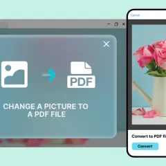 Jak zrobić PDF ze zdjęć? Ilustracja pokazuje proces konwersji obrazu do pliku PDF na ekranie komputera i telefonu.
