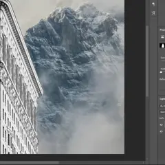 Jak połączyć kilka zdjęć w jedno Photoshop: budynek Flatiron i góry w chmurach, warstwy w programie.