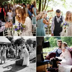 Uroczystość ślubna pary z psem, goście sypią ryżem. Ile kosztuje fotograf na ślub cywilny?