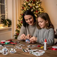 Mama i córka tworzą bombkę ze zdjęciem. Wesołe święta i jak zrobić własną, spersonalizowaną ozdobę.