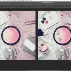 Porównanie dwóch obrazów w Photoshopie, pokazujące jak usunąć obiekt, z różnymi elementami dekoracyjnymi.