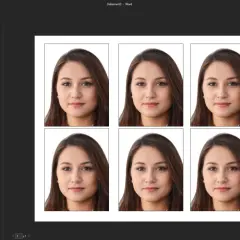Jak zrobić zdjęcie do dokumentów? Widok drukowania w programie Word z sześcioma identycznymi portretami kobiety.