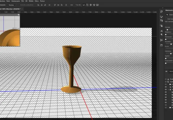 Widok 3D w programie Photoshop. Co to jest? Widoczny kielich na siatce, z panelami właściwości i warstw.