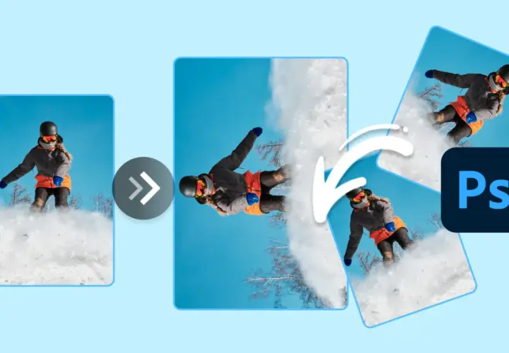 Ilustracja pokazuje, jak obrócić obraz w Photoshopie. Widzimy snowboardzistkę, która po obrocie w programie wygląda dynamiczniej.