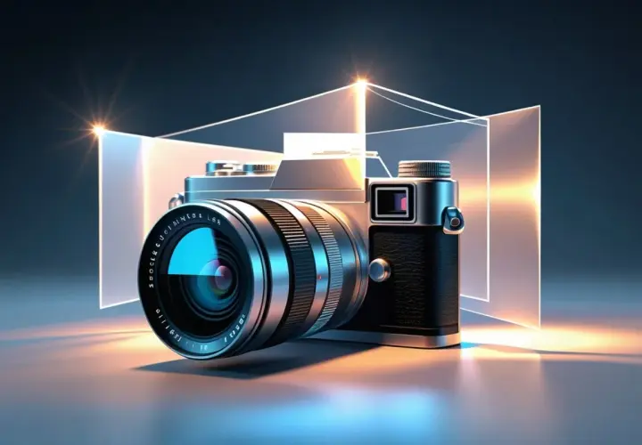 Elegancki aparat fotograficzny, który pokazuje, jak działa aparat, z soczewką odbijającą światło i geometrycznymi elementami.