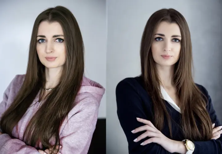 Dwie wersje portretu kobiety, pokazujące, jak zrobić zdjęcie do CV telefonem. Uśmiechnięta w bluzie i poważna w swetrze.