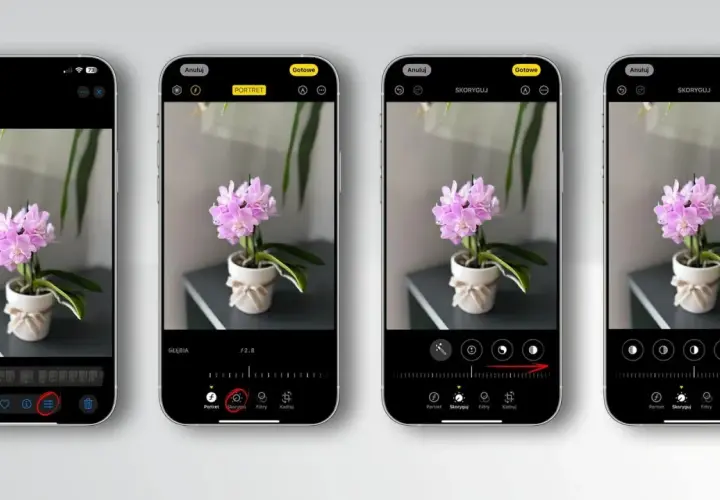 Cztery ekrany iPhone'a pokazujące edycję zdjęcia kwiatka w trybie portretowym z rozmyciem tła.