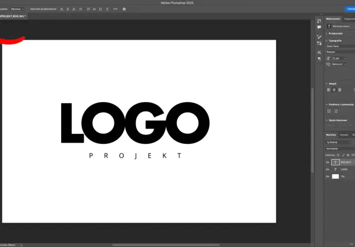 Jak zrobic logo w Photoshop: widok interfejsu programu z panelem warstw i narzędziami, gotowe logo "LOGO PROJEKT".