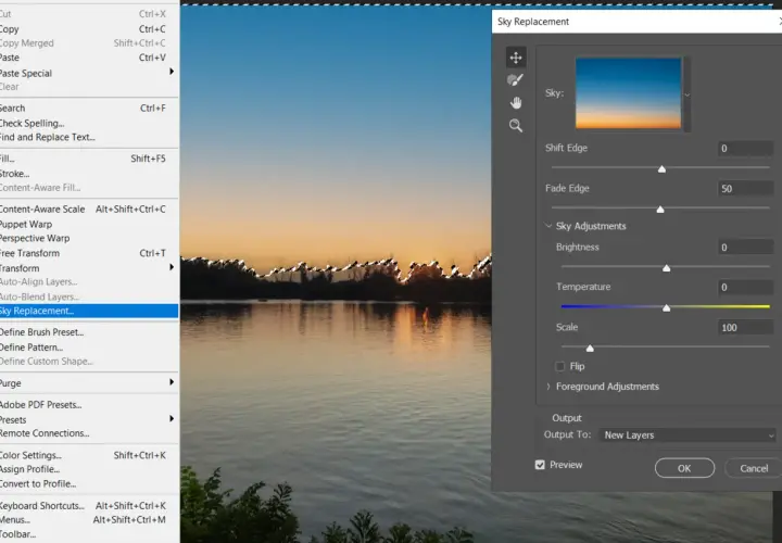 Jak usunąć element ze zdjęcia Photoshop: menu Edycja, opcja "Zamiana nieba" (Sky Replacement).