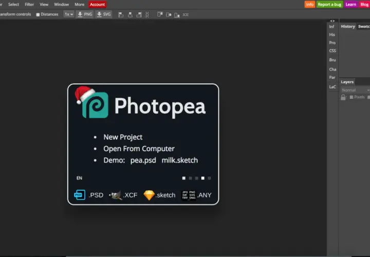 Interfejs Photopea, darmowego edytora grafiki online, który odpowiada na pytanie, czy photoshop jest darmowy.