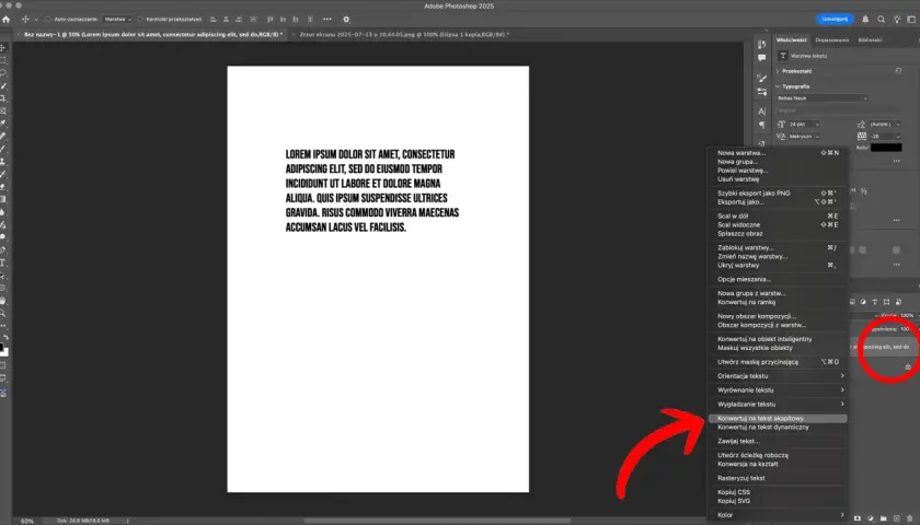 Jak wyjustować tekst w Photoshopie? Kliknij prawym przyciskiem myszy na warstwę tekstu i wybierz "Konwertuj na tekst akapitowy".