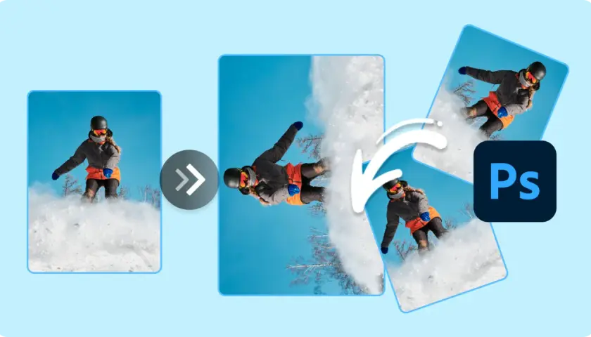 Ilustracja pokazuje, jak obrócić obraz w Photoshopie. Widzimy snowboardzistkę, która po obrocie w programie wygląda dynamiczniej.