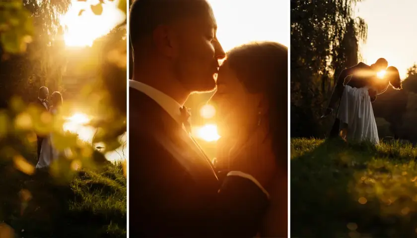 Romantyczne ujęcia pary młodej w złotym świetle zachodzącego słońca. Zastanawiasz się, ile kosztuje fotograf na wesele, by uchwycić takie chwile?