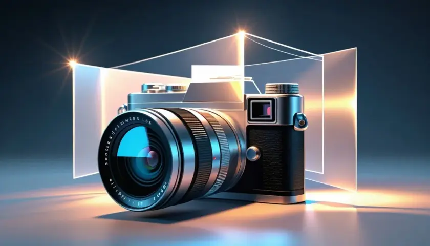 Elegancki aparat fotograficzny, który pokazuje, jak działa aparat, z soczewką odbijającą światło i geometrycznymi elementami.