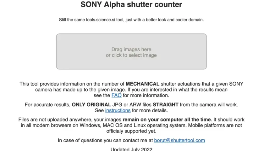Narzędzie do sprawdzania przebiegu aparatu SONY Alpha. Przeciągnij lub kliknij, aby wybrać zdjęcie.