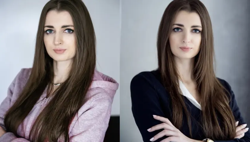 Dwie wersje portretu kobiety, pokazujące, jak zrobić zdjęcie do CV telefonem. Uśmiechnięta w bluzie i poważna w swetrze.