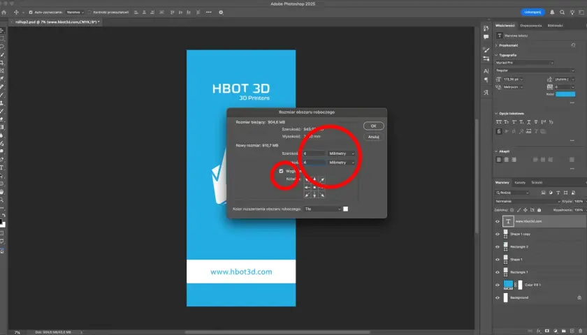 Okno dialogowe "Rozmiar obszaru roboczego" w Photoshop, pokazujące jak dodać obszar roboczy, z zaznaczonymi polami do wpisania wymiarów w milimetrach.