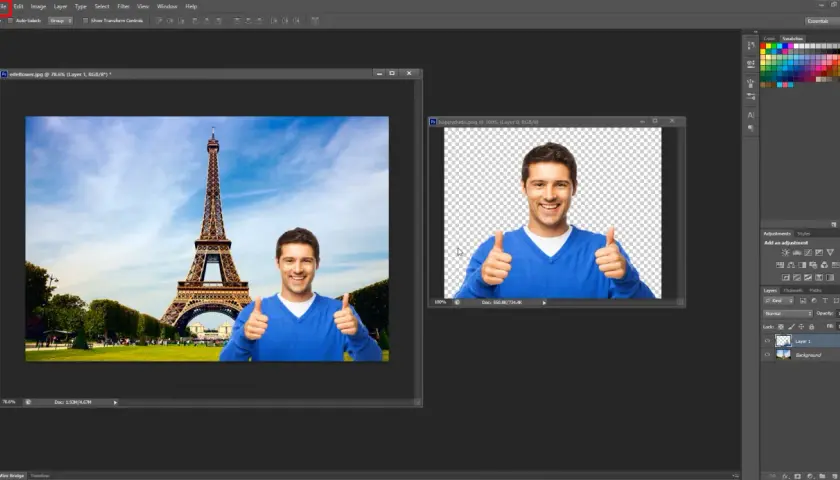 Pokazuje, jak przyciąć zdjęcie w Photoshopie, wycinając postać z tła i umieszczając ją na tle wieży Eiffla.