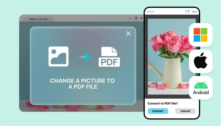 Jak zrobić PDF ze zdjęć? Ilustracja pokazuje proces konwersji obrazu do pliku PDF na ekranie komputera i telefonu.