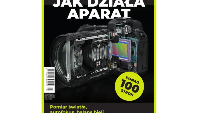 Przekrój aparatu cyfrowego pokazujący jego wnętrze, w tym matrycę i soczewki.