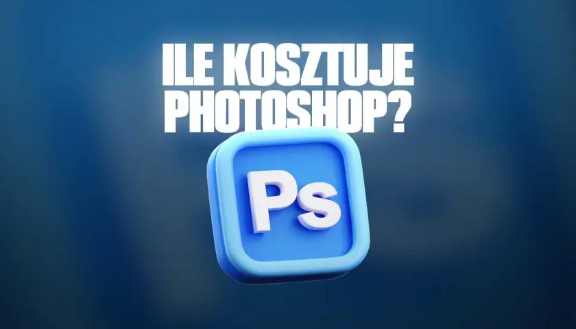 Ile kosztuje Photoshop? Ikona programu graficznego na niebieskim tle.