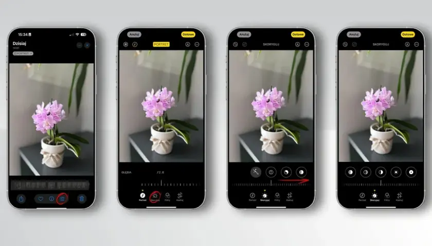 Cztery ekrany iPhone'a pokazujące edycję zdjęcia kwiatka w trybie portretowym z rozmyciem tła.
