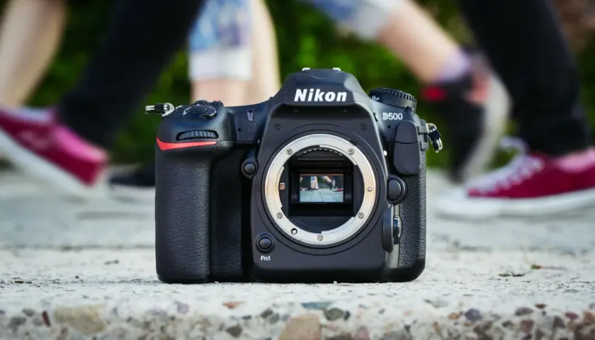 Nikon D500 na kamieniu, z rozmazanymi nogami w tle. Dowiedz się, jak sprawdzić przebieg aparatu Nikon.