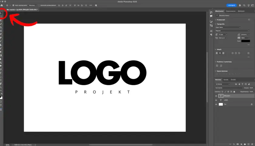 Jak zrobic logo w Photoshop: widok interfejsu programu z panelem warstw i narzędziami, gotowe logo "LOGO PROJEKT".
