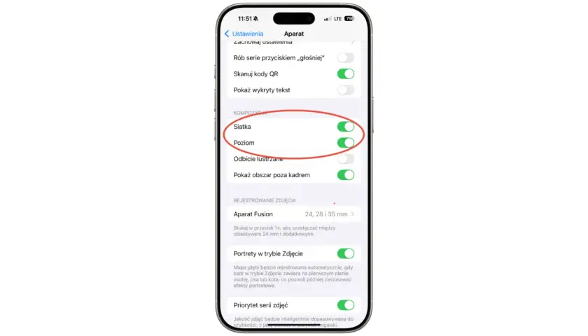 Ustawienia aparatu iPhone: jak włączyć siatkę. Włączona opcja "Siatka" ułatwia komponowanie zdjęć.