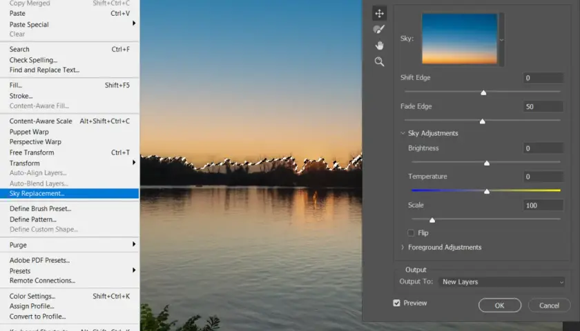 Jak usunąć element ze zdjęcia Photoshop: menu Edycja, opcja "Zamiana nieba" (Sky Replacement).