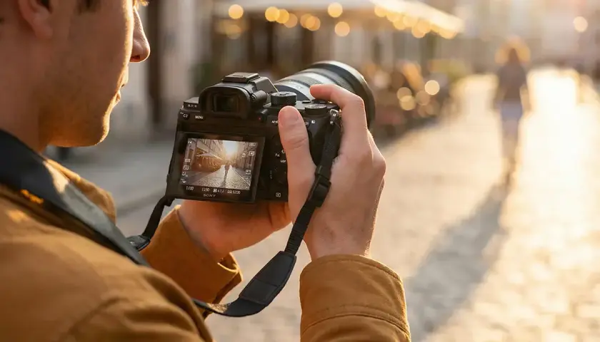 Mężczyzna trzyma aparat fotograficzny lustrzanka, sprawdzając na ekranie kadr z ulicy. Może to być część rankingu aparatów.