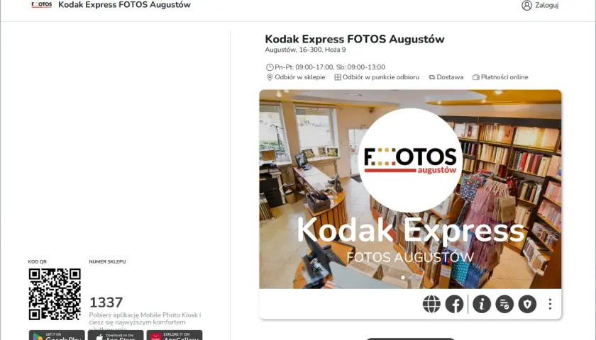 Wnętrze sklepu Kodak Express FOTOS Augustów z półkami pełnymi albumów i akcesoriów fotograficznych.