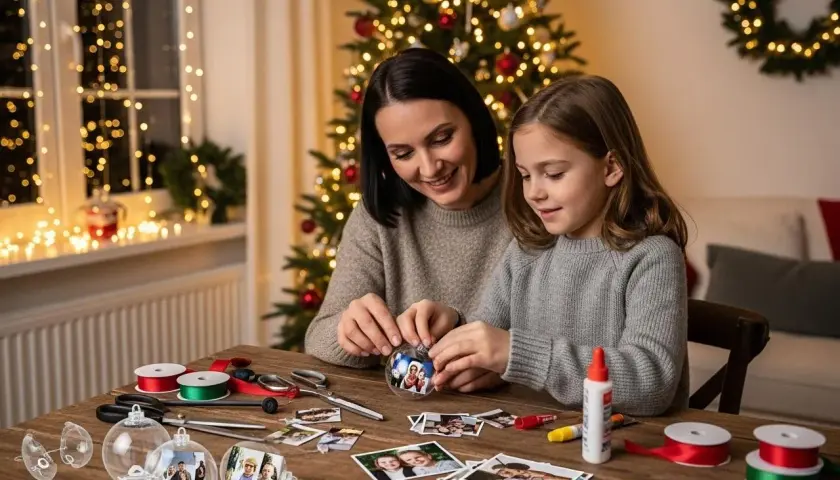 Mama i córka tworzą bombkę ze zdjęciem. Wesołe święta i jak zrobić własną, spersonalizowaną ozdobę.