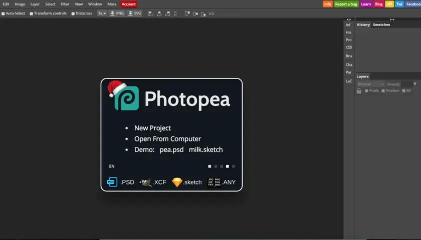 Interfejs Photopea, darmowego edytora grafiki online, który odpowiada na pytanie, czy photoshop jest darmowy.