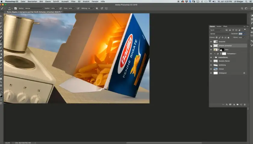 Jak zrobić cienie w Photoshopie: warstwy z cieniem pudełka makaronu Barilla i kuchenką.
