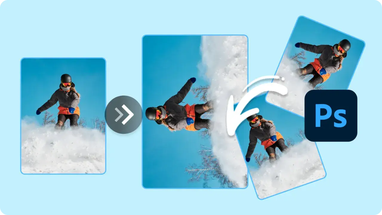 Ilustracja pokazuje, jak obrócić obraz w Photoshopie. Widzimy snowboardzistkę, która po obrocie w programie wygląda dynamiczniej.