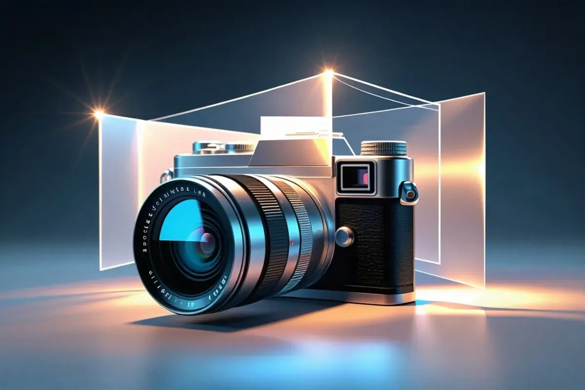 Elegancki aparat fotograficzny, który pokazuje, jak działa aparat, z soczewką odbijającą światło i geometrycznymi elementami.