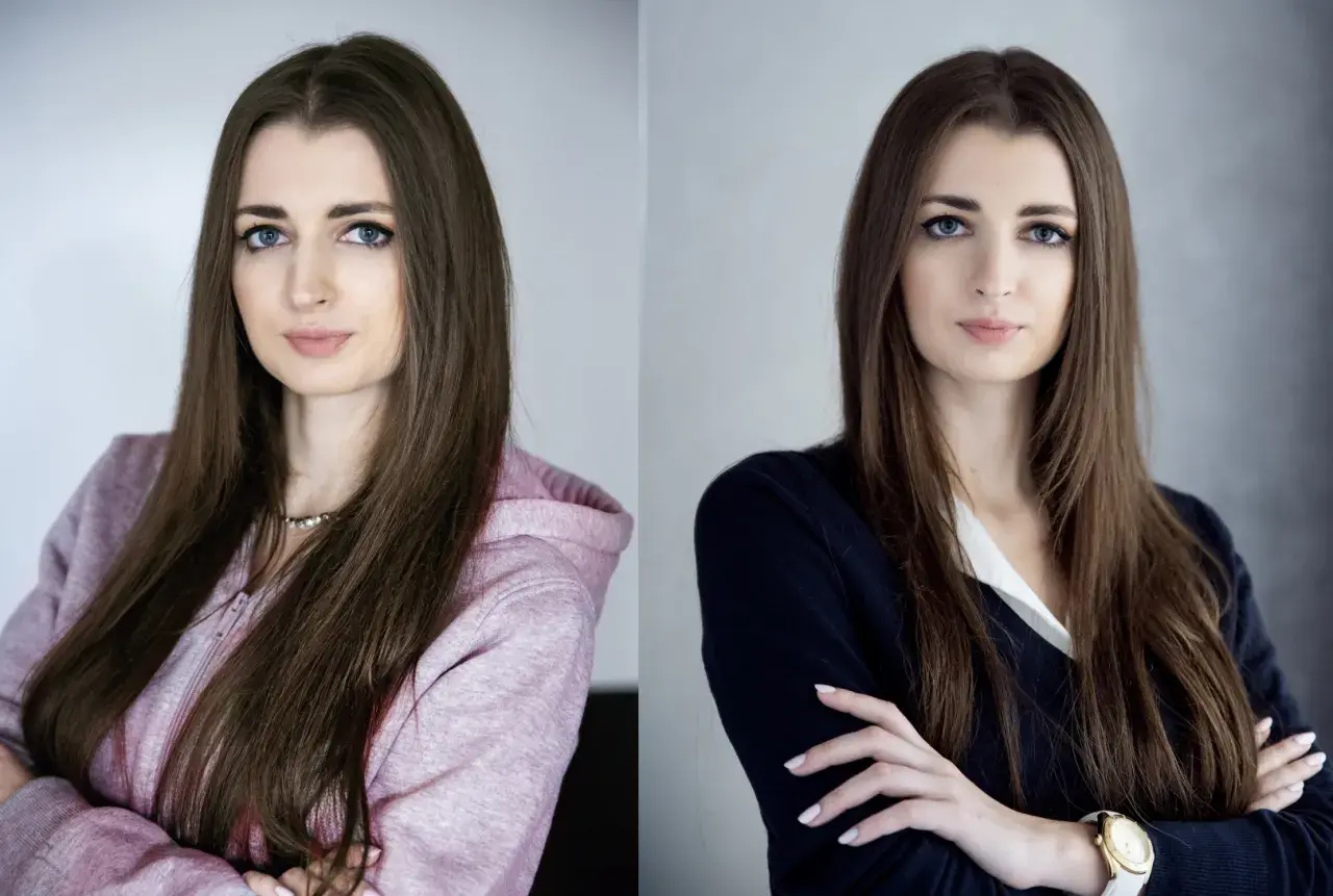 Dwie wersje portretu kobiety, pokazujące, jak zrobić zdjęcie do CV telefonem. Uśmiechnięta w bluzie i poważna w swetrze.