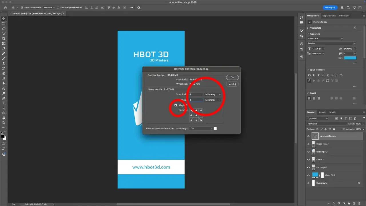 Okno dialogowe "Rozmiar obszaru roboczego" w Photoshop, pokazujące jak dodać obszar roboczy, z zaznaczonymi polami do wpisania wymiarów w milimetrach.