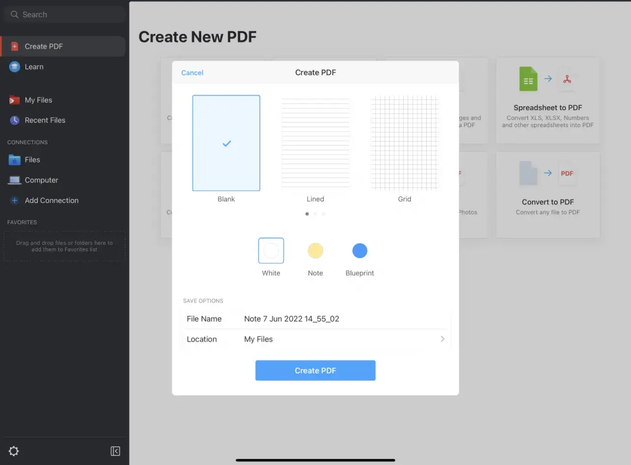 Ekran tworzenia nowego PDF z opcjami wyboru szablonu i nazwy pliku.