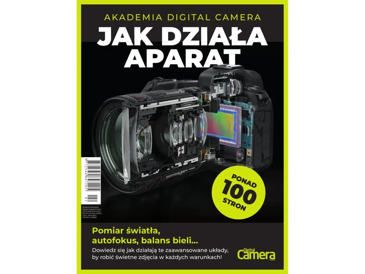 Przekrój aparatu cyfrowego pokazujący jego wnętrze, w tym matrycę i soczewki.
