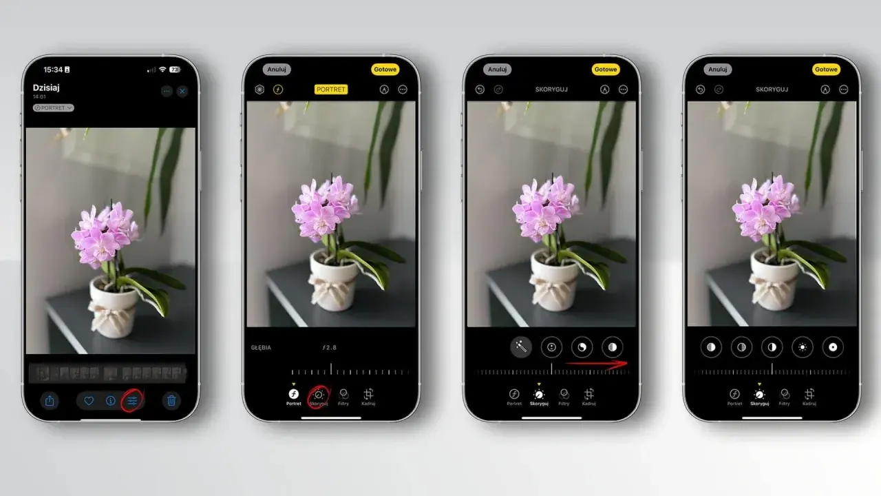 Cztery ekrany iPhone'a pokazujące edycję zdjęcia kwiatka w trybie portretowym z rozmyciem tła.