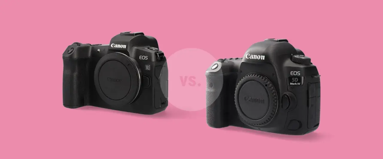 Dwie lustrzanki Canon EOS R i EOS 5D Mark IV, idealne do nagrywania filmów 4K, na różowym tle.