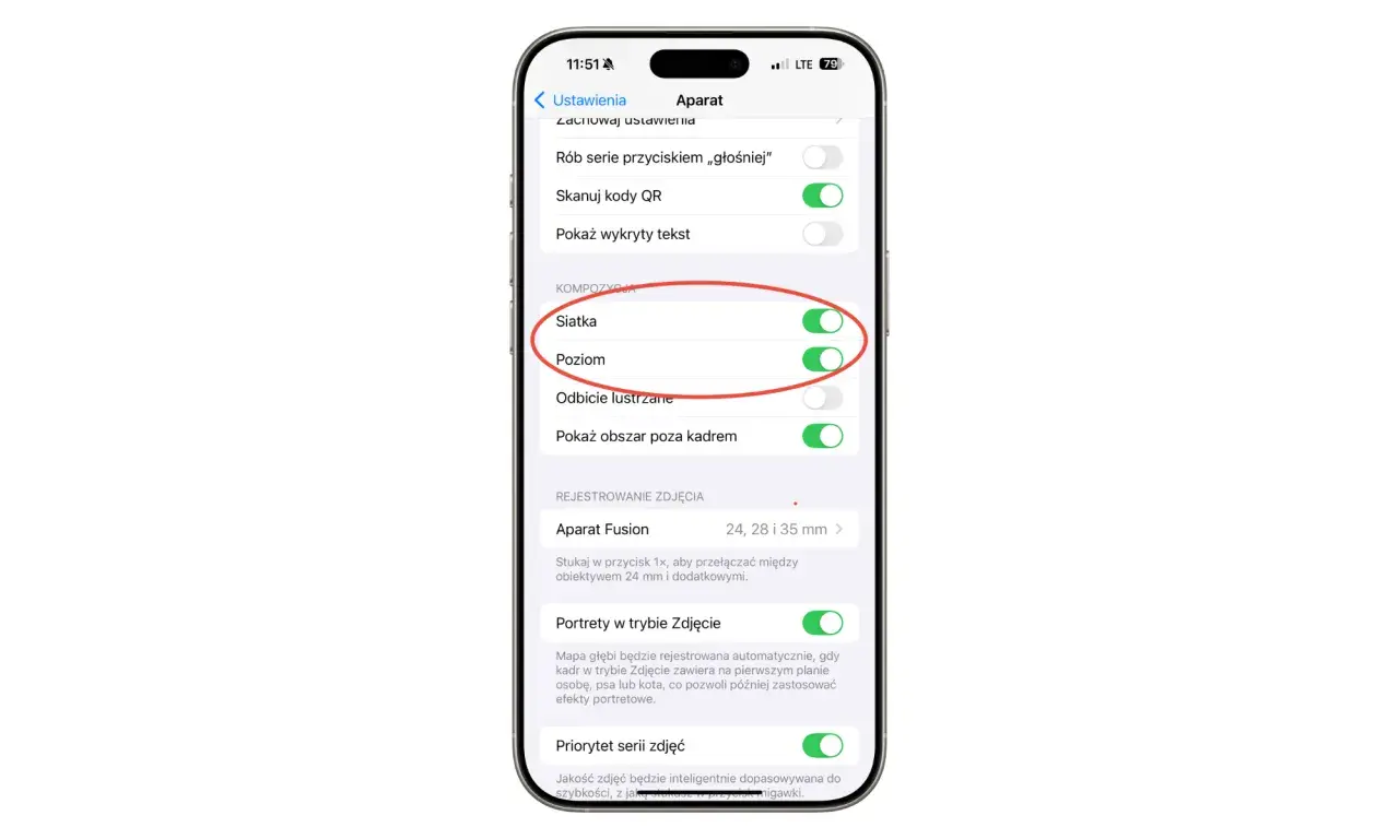 Ustawienia aparatu iPhone: jak włączyć siatkę. Włączona opcja "Siatka" ułatwia komponowanie zdjęć.